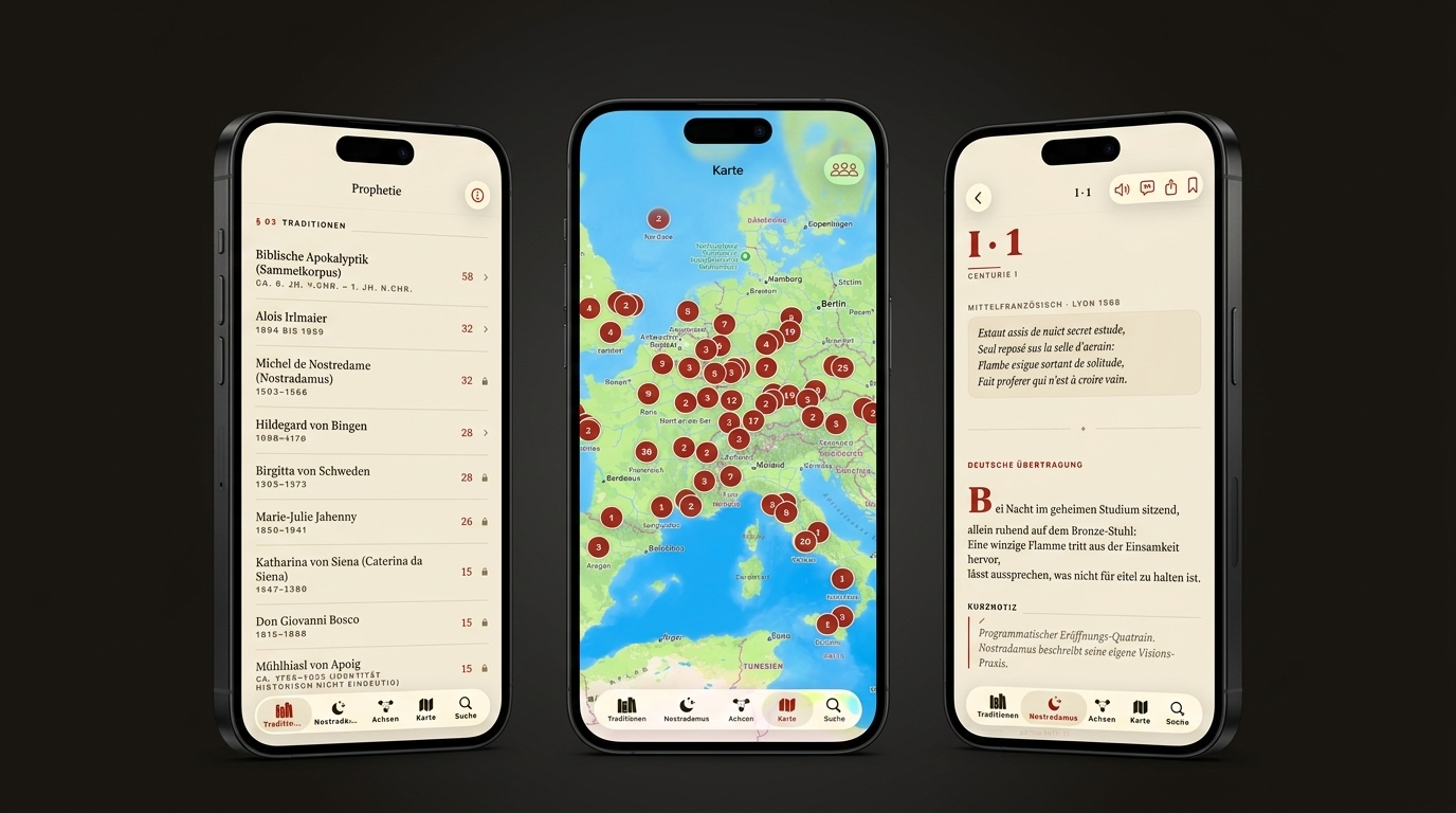 Propheterie app screenshots showing traditions, a quatrain detail and the map.